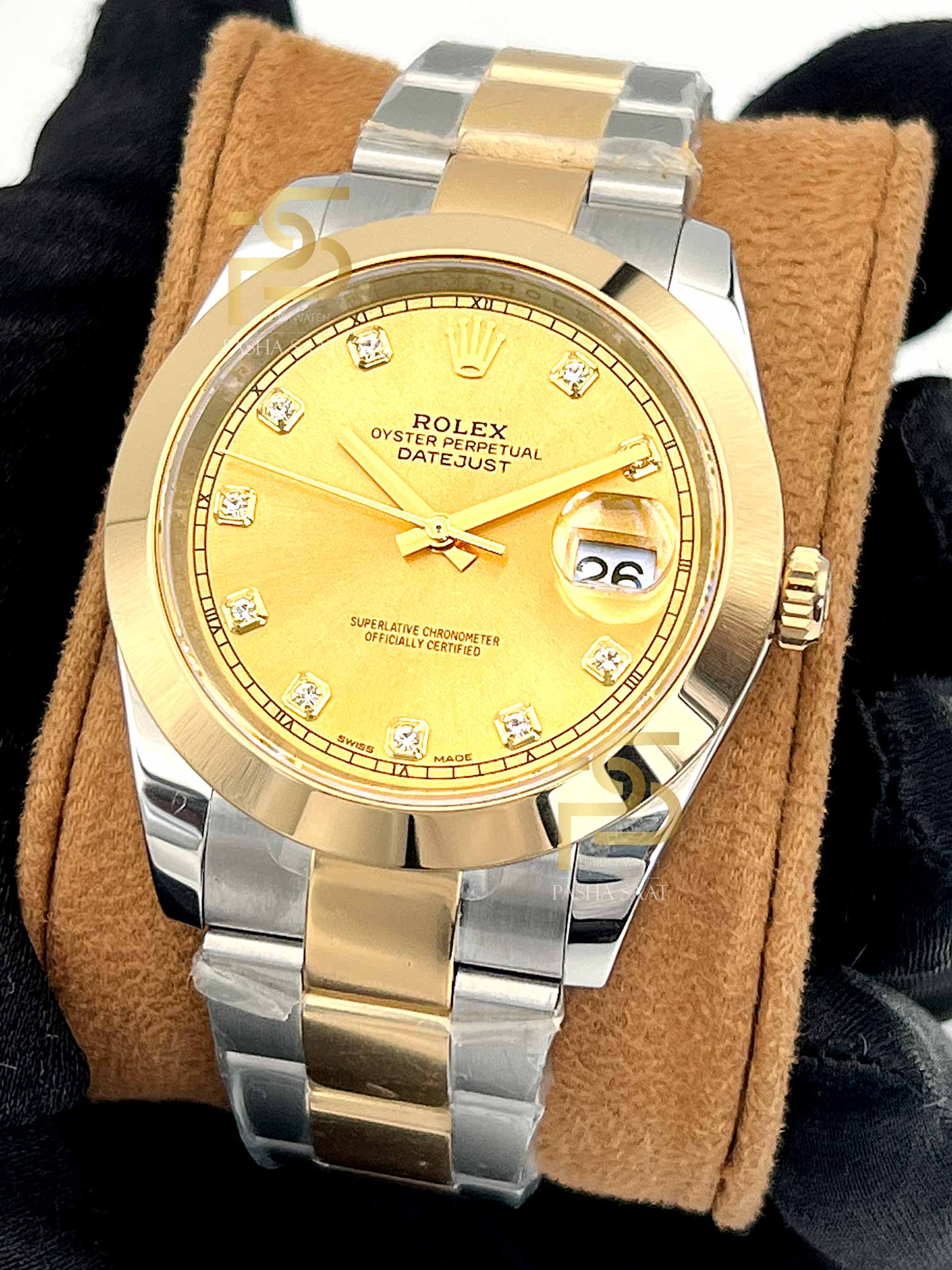 Rolex Datejust Sarı Altın Sarı Kadran Taşlı Bezel Rolex Replika Saat