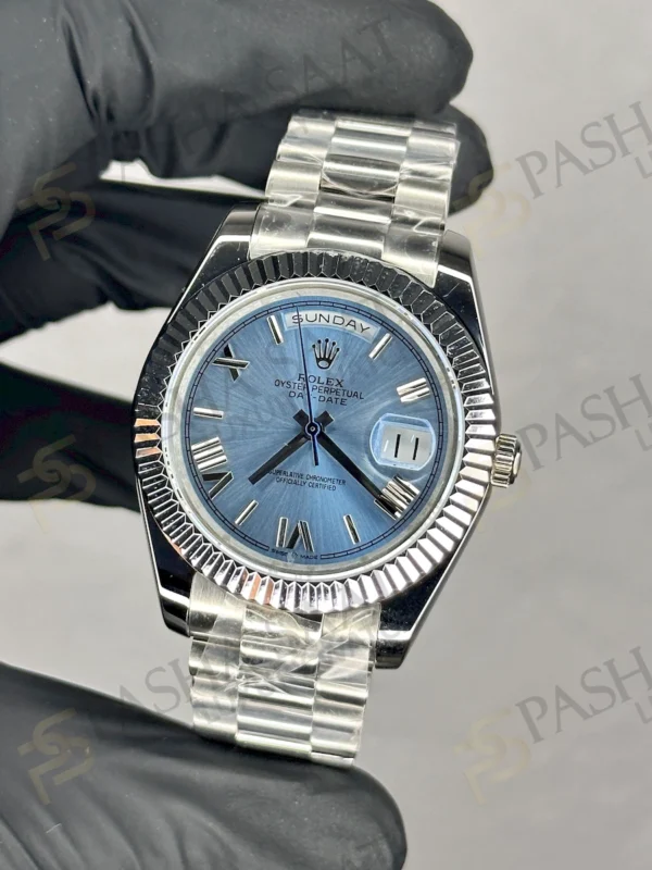 Rolex Daydate Buz Mavisi Yivli Bezel Replika Saat
