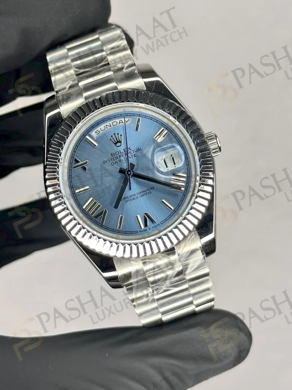 Rolex Daydate Buz Mavisi Yivli Bezel Replika Saat