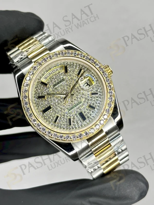 Rolex Day Date Çift Renk Taşlı Kadran Taşlı Bezel