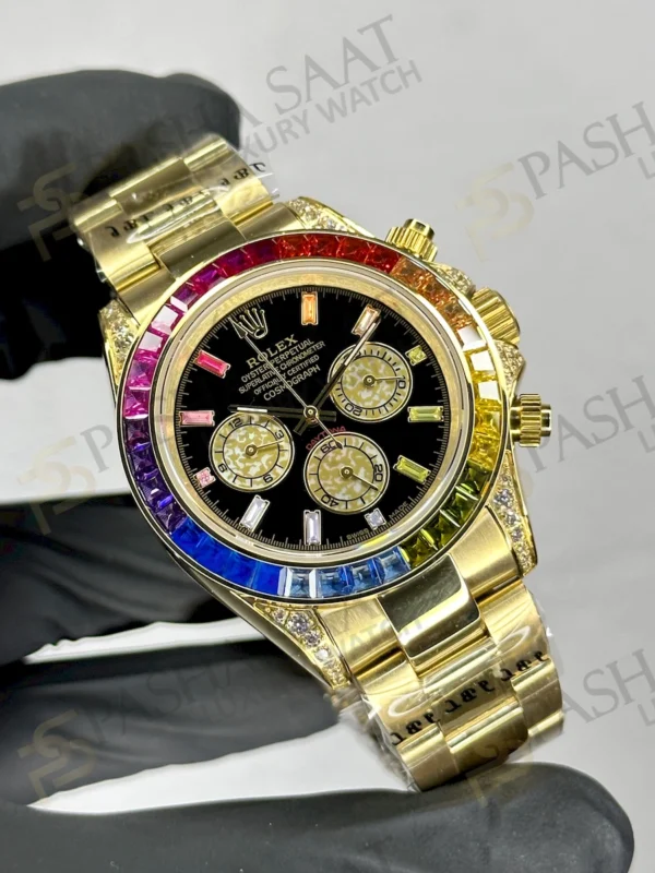 Rolex Daytona Rainbow Altın Rengi Baget Taşlı Replika Saat