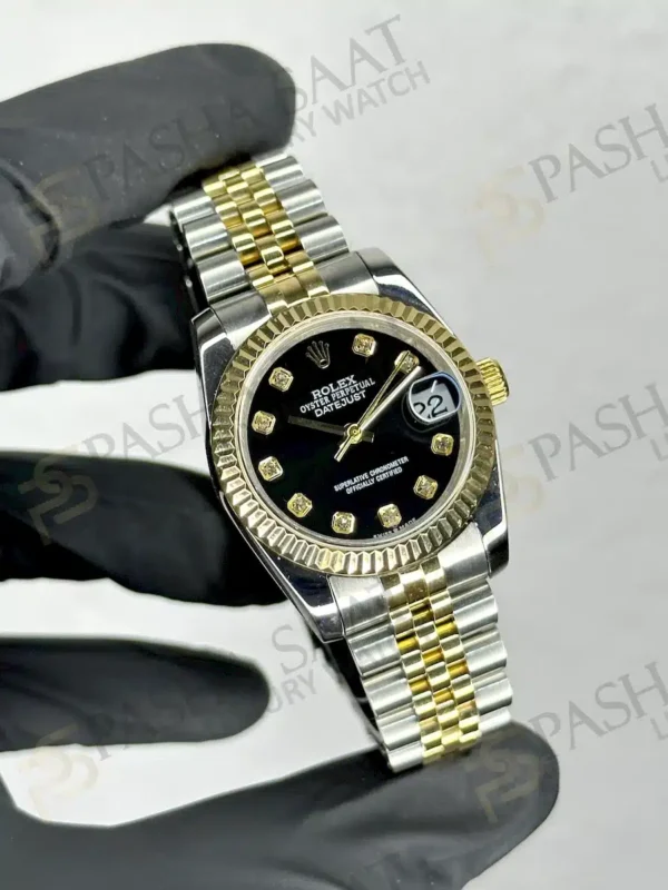 Rolex Datejust Çift Renk Siyah Kadran Taşlı Saat