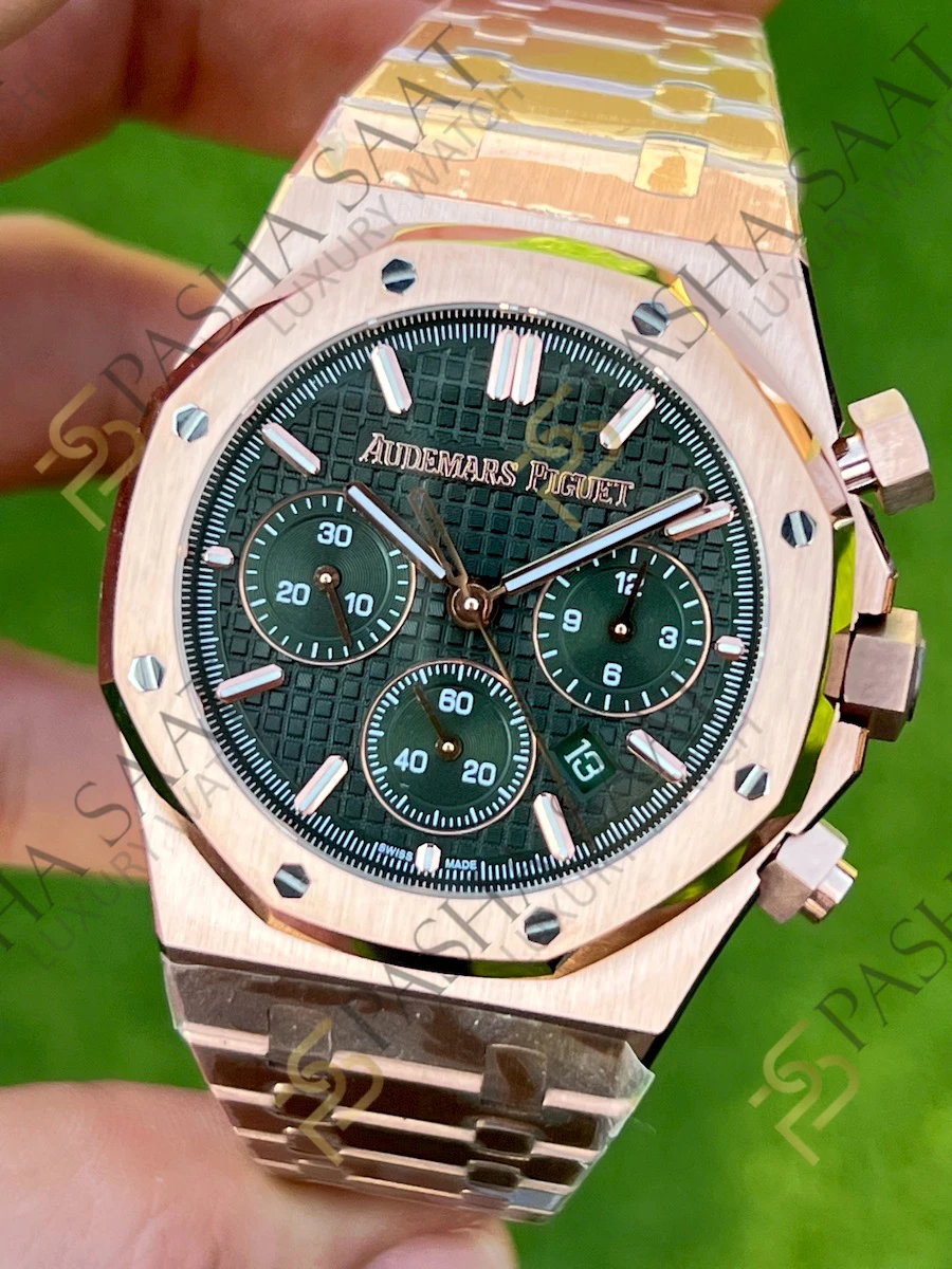 Audemars Piguet Royal Oak Chronograph 26240st Rose Gold Yeşil Kadran Clone Eta Saat - Görsel 6