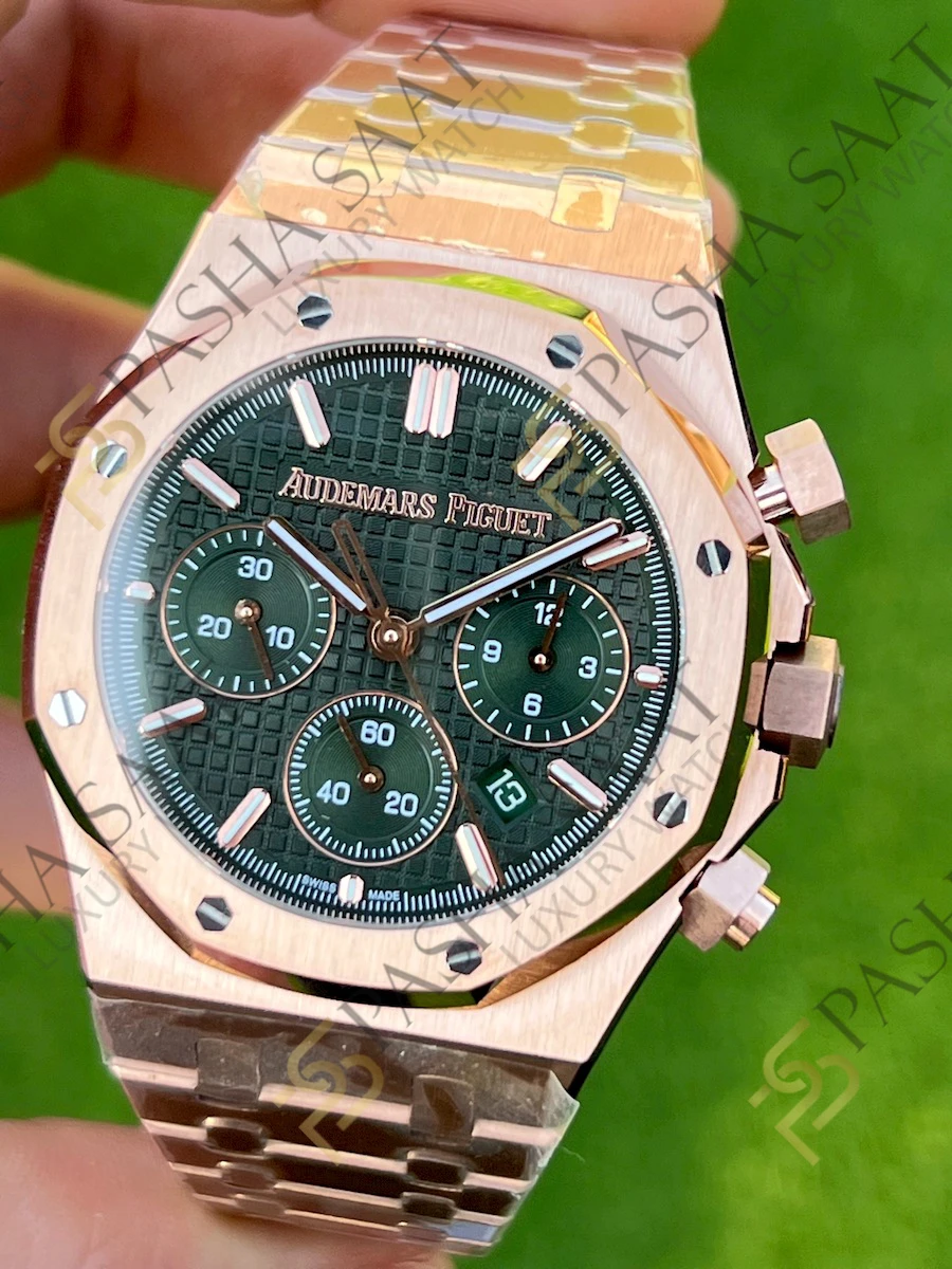 Audemars Piguet Royal Oak Chronograph 26240st Rose Gold Yeşil Kadran Clone Eta Saat - Görsel 7