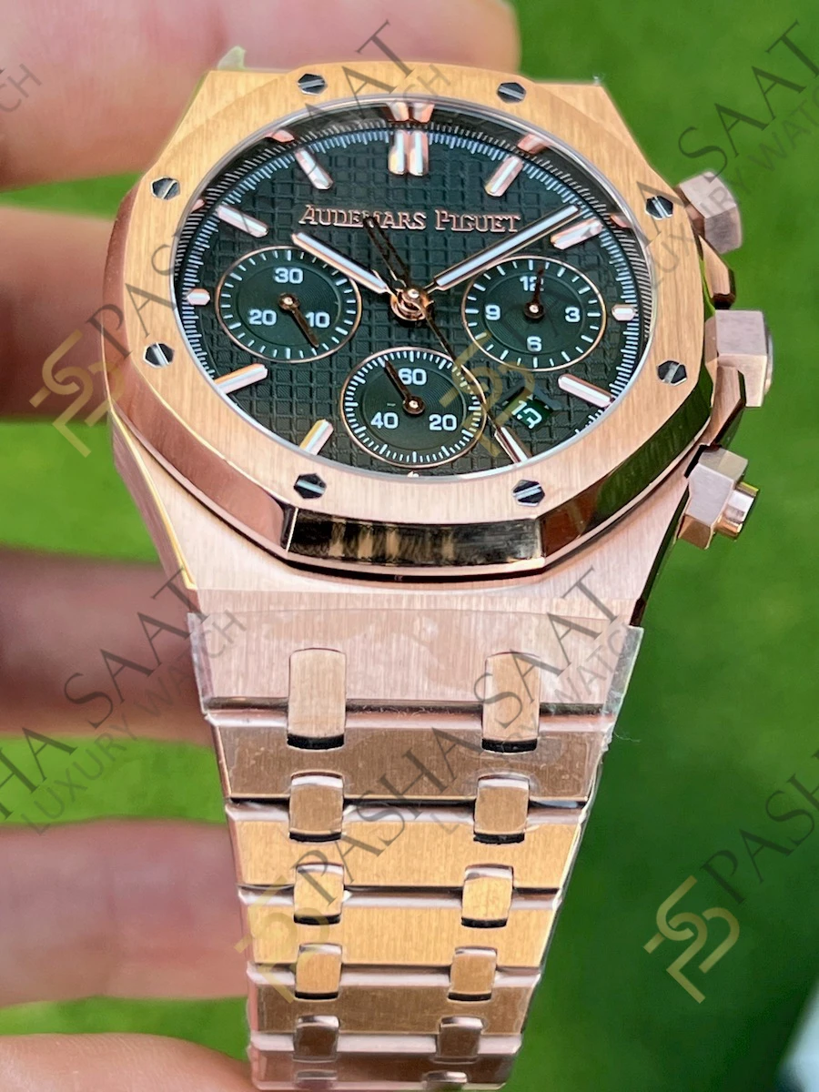 Audemars Piguet Royal Oak Chronograph 26240st Rose Gold Yeşil Kadran Clone Eta Saat - Görsel 9