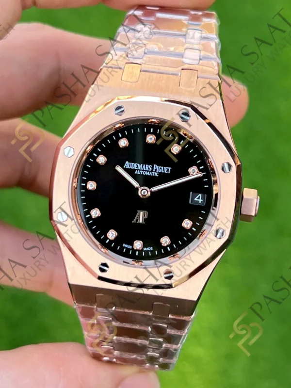 Eta Saat - Pasha Saat Audemars Piguet Royal Oak Jumbo Rose Siyah Taşlı Kadran 15206 Superclone ETA Saat