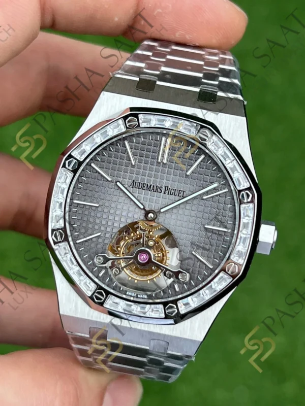 Eta Saat - Pasha Saat Audemars Piguet Royal Oak Tourbillon Gri Kadran Taşlı Bezel Superclone Saat 26516