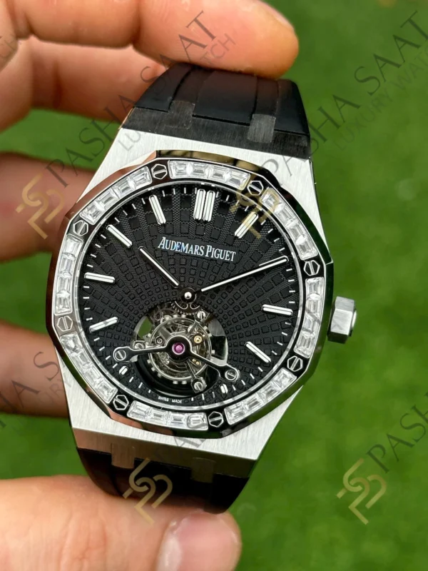 Eta Saat - Pasha Saat Audemars Piguet Royal Oak Tourbillon Siyah Kadran Taşlı Bezel Superclone Saat 26522ST