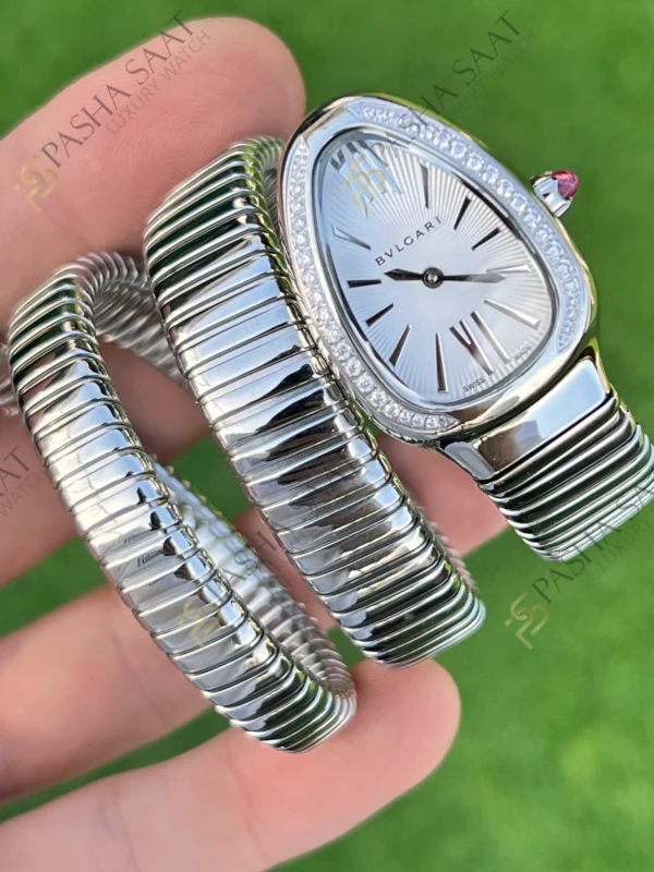Eta Saat - Pasha Saat Bvlgari Serpenti Beyaz Kadran Taşlı Bezel Çelik Superclone Kadın Saati