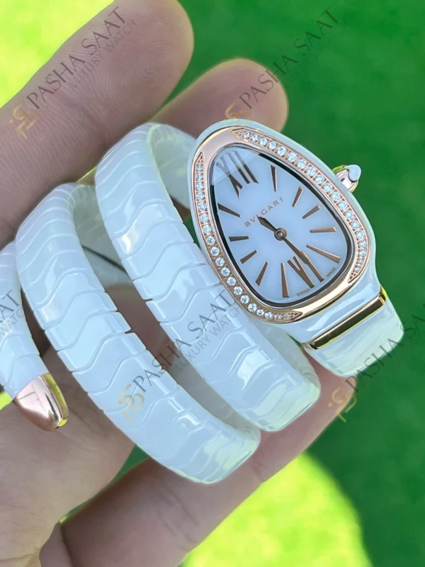 Eta Saat - Pasha Saat Bvlgari Serpenti Beyaz Seramik Rose Taşlı Bezel Superclone Kadın Saati