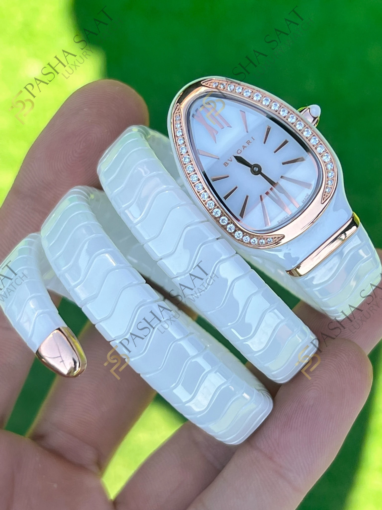 Bvlgari Serpenti Beyaz Seramik Rose Taşlı Bezel Superclone Kadın Saati - Görsel 2