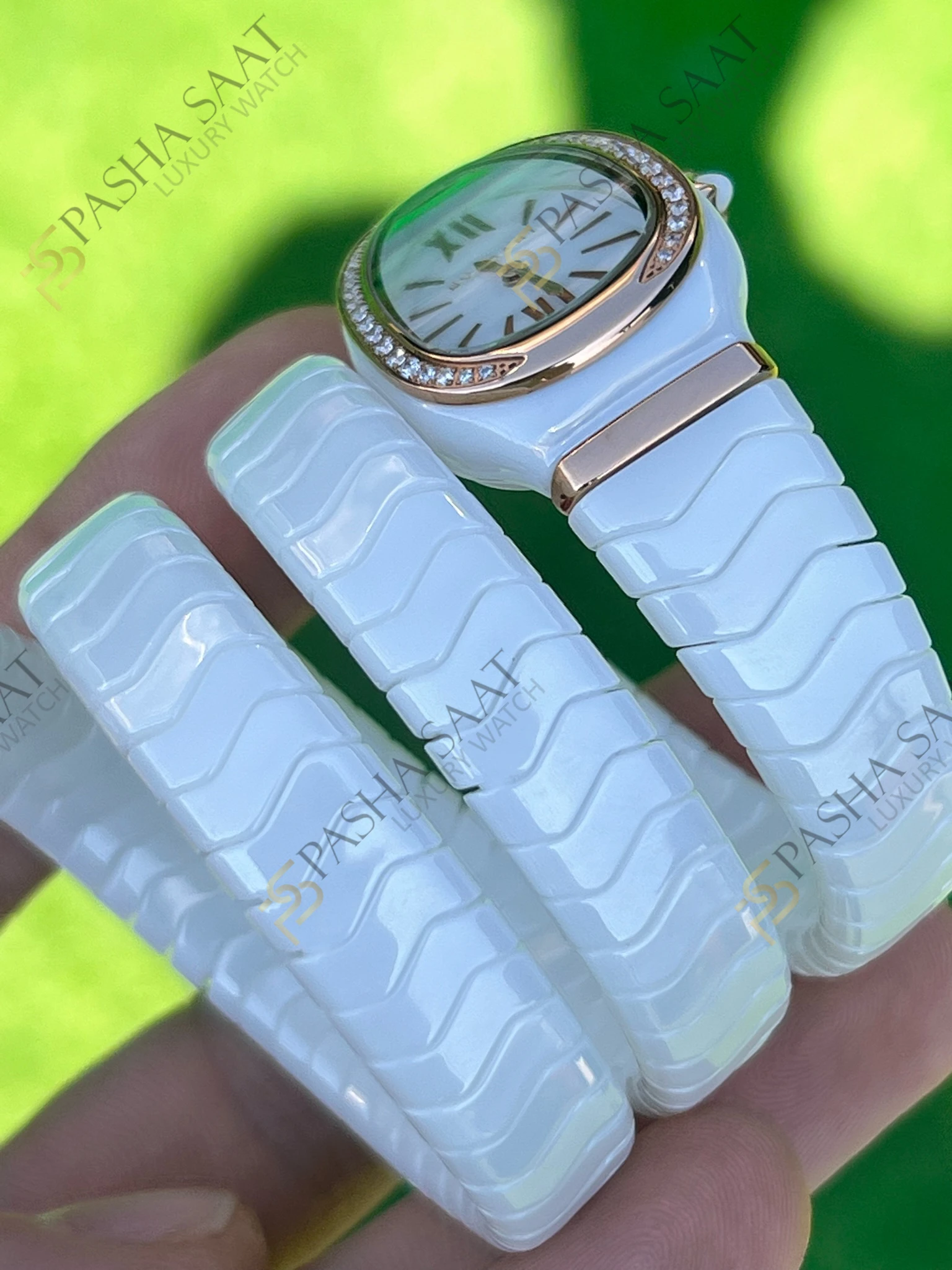 Bvlgari Serpenti Beyaz Seramik Rose Taşlı Bezel Superclone Kadın Saati - Görsel 4
