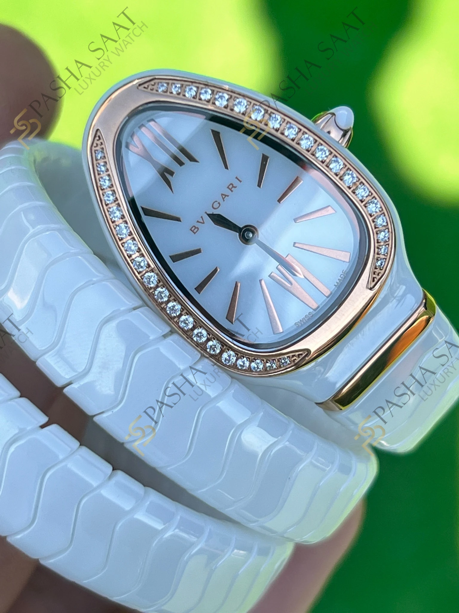 Bvlgari Serpenti Beyaz Seramik Rose Taşlı Bezel Superclone Kadın Saati - Görsel 5
