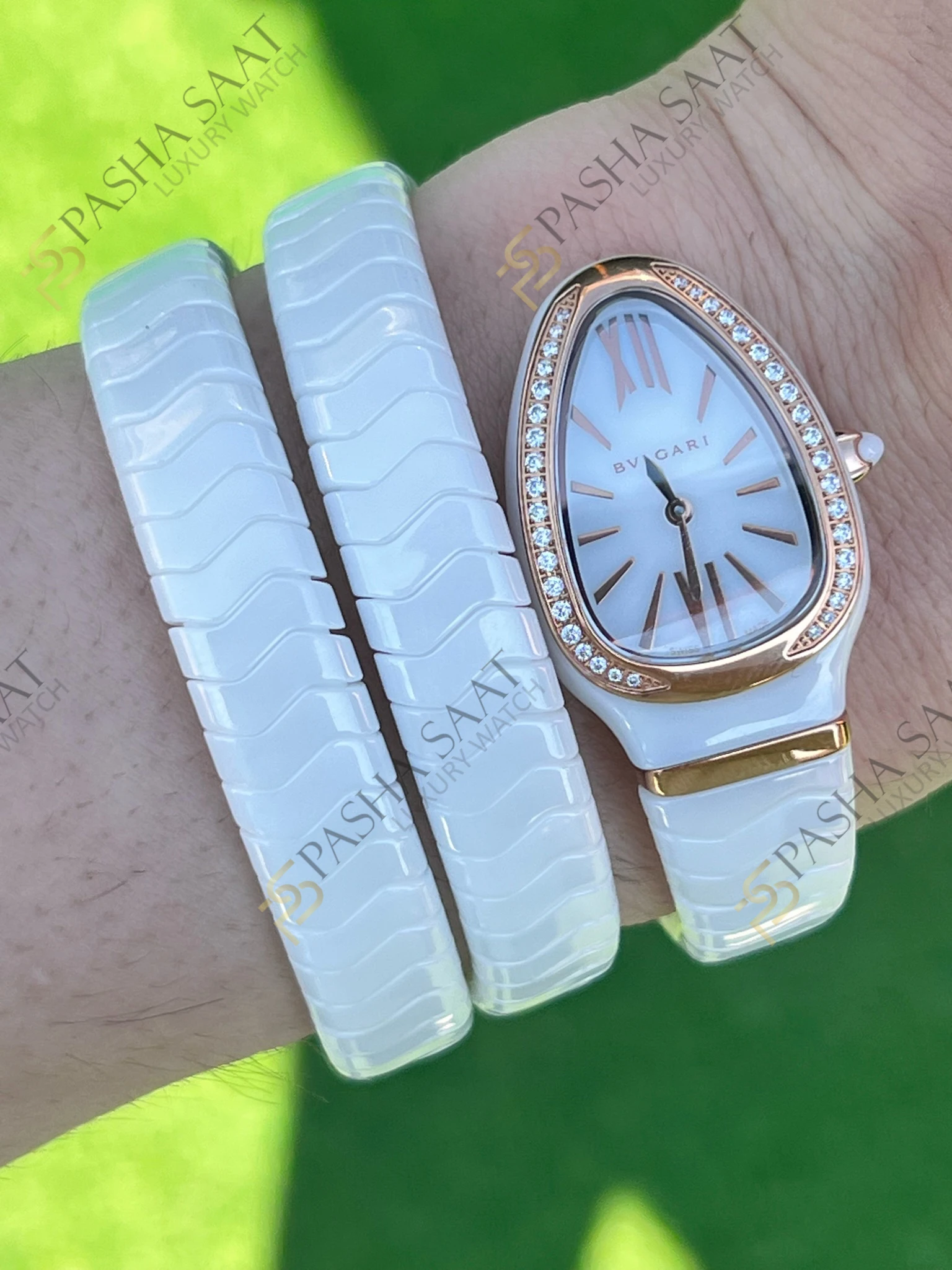Bvlgari Serpenti Beyaz Seramik Rose Taşlı Bezel Superclone Kadın Saati - Görsel 8