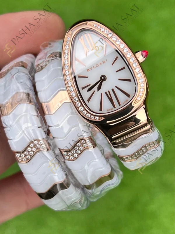 Eta Saat - Pasha Saat Bvlgari Serpenti Beyaz Seramik Rose Taşlı Eta Kadın Saati