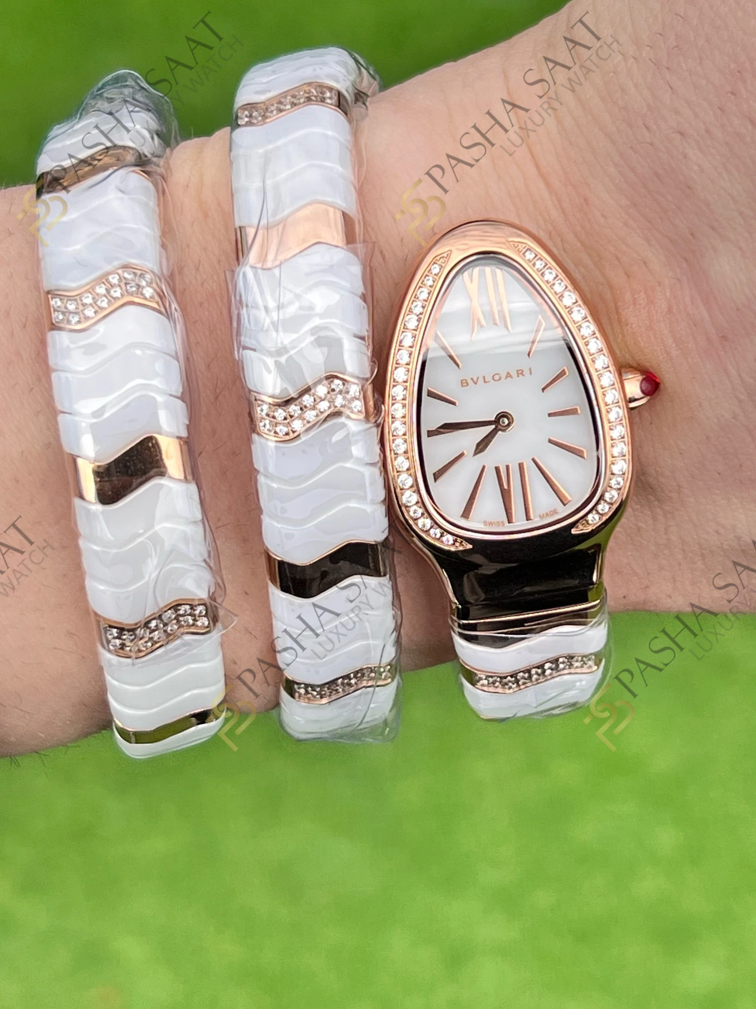 Bvlgari Serpenti Beyaz Seramik Rose Taşlı Eta Kadın Saati - Görsel 7