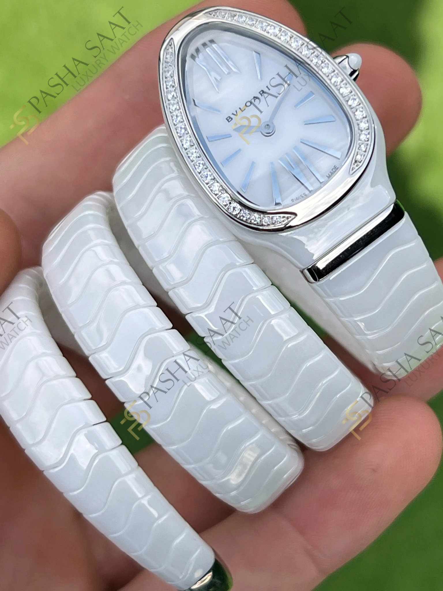 Bvlgari Serpenti Beyaz Seramik Çelik Taşlı Bezel Super Clone Saat - Görsel 2