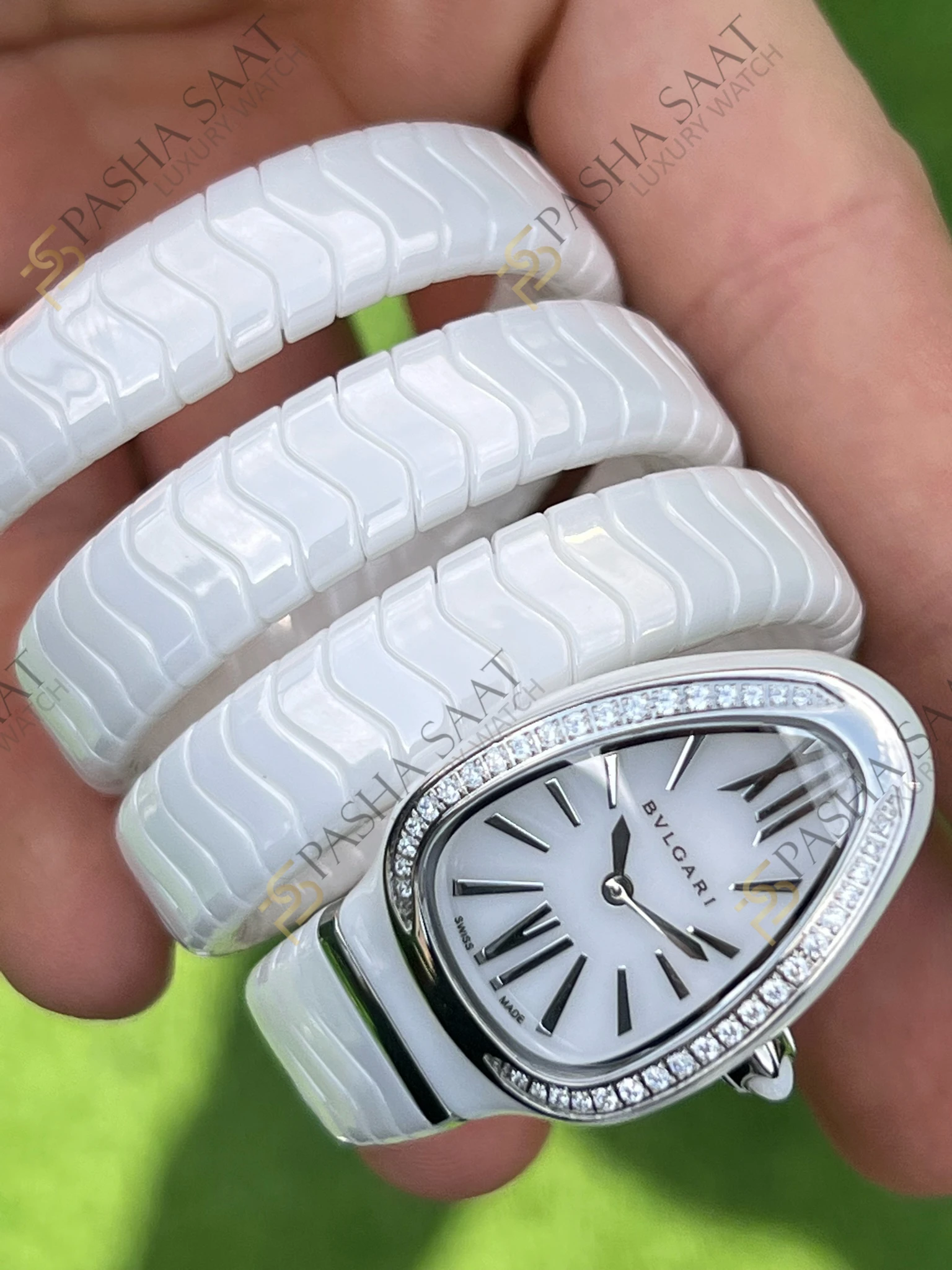 Bvlgari Serpenti Beyaz Seramik Çelik Taşlı Bezel Super Clone Saat - Görsel 5