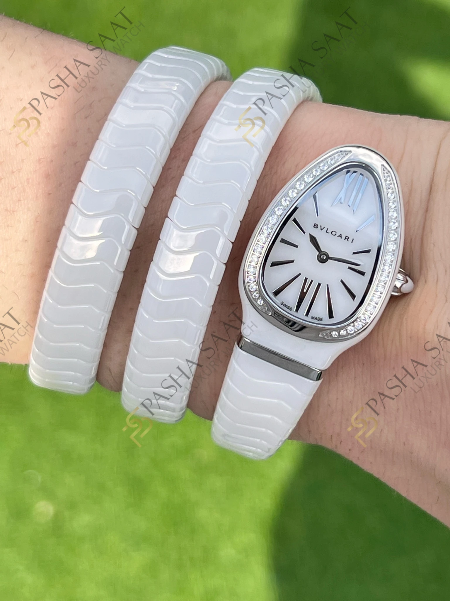 Bvlgari Serpenti Beyaz Seramik Çelik Taşlı Bezel Super Clone Saat - Görsel 6