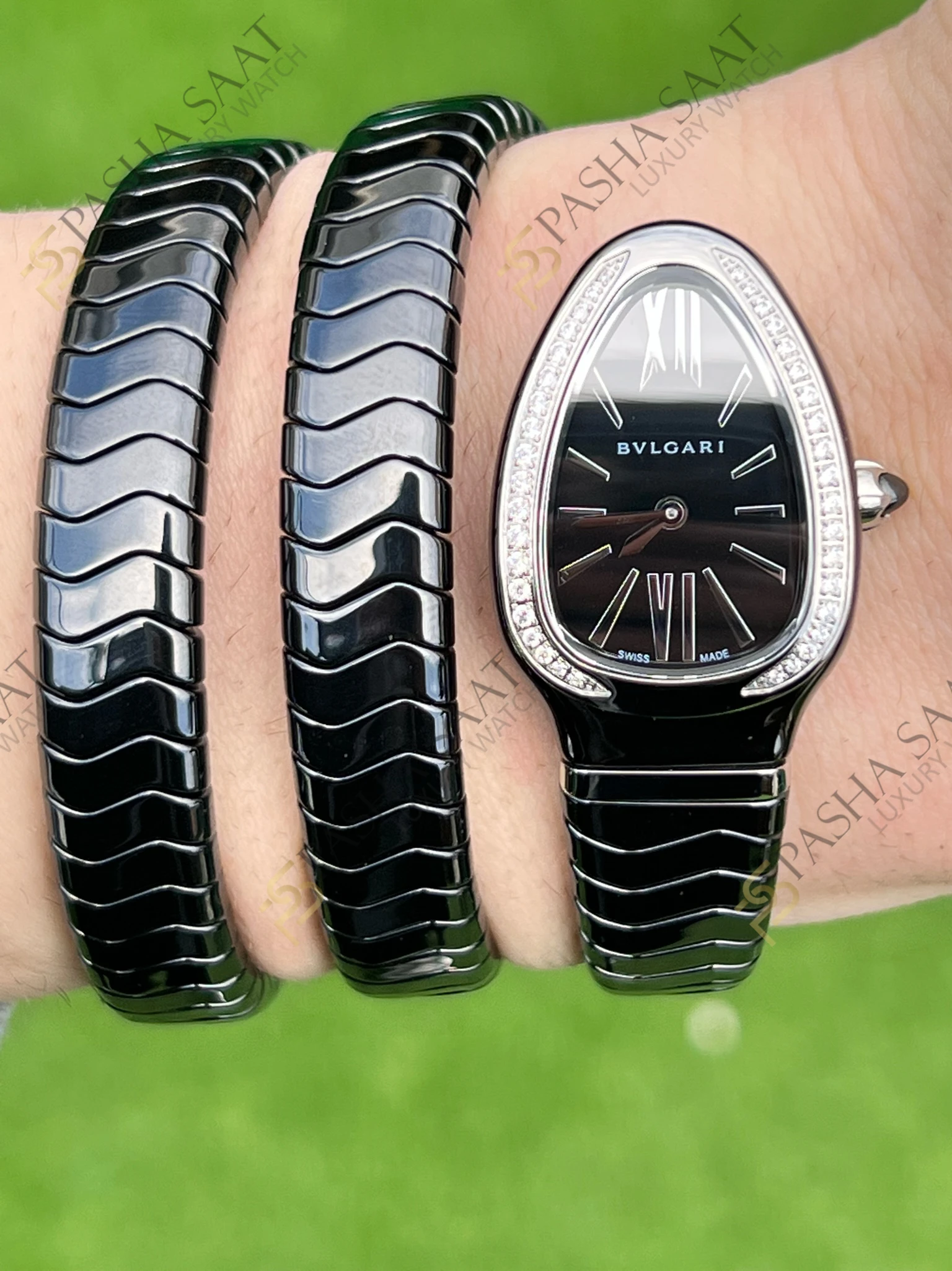 Bvlgari Serpenti Siyah Seramik Çelik Taşlı Bezel Super Clone Kadın Saati - Görsel 5