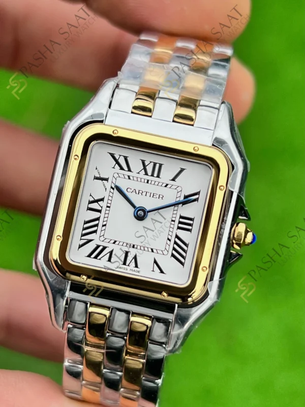 Eta Saat - Pasha Saat Cartier Panthere Çelik Altın Renk Beyaz Kadran Medium Superclone Saat