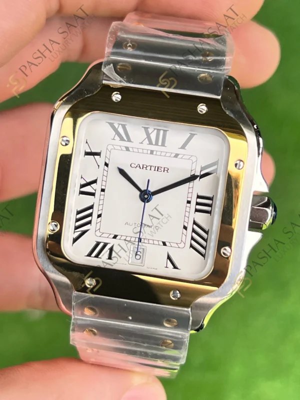 Eta Saat - Pasha Saat Cartier Santos Large Beyaz Kadran Altın Rengi Bezel Superclone Saat