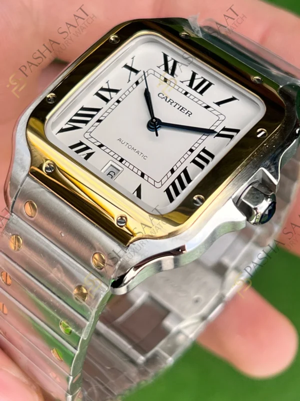 Cartier Santos Large Beyaz Kadran Alt n Rengi Bezel Superclone Saat 2