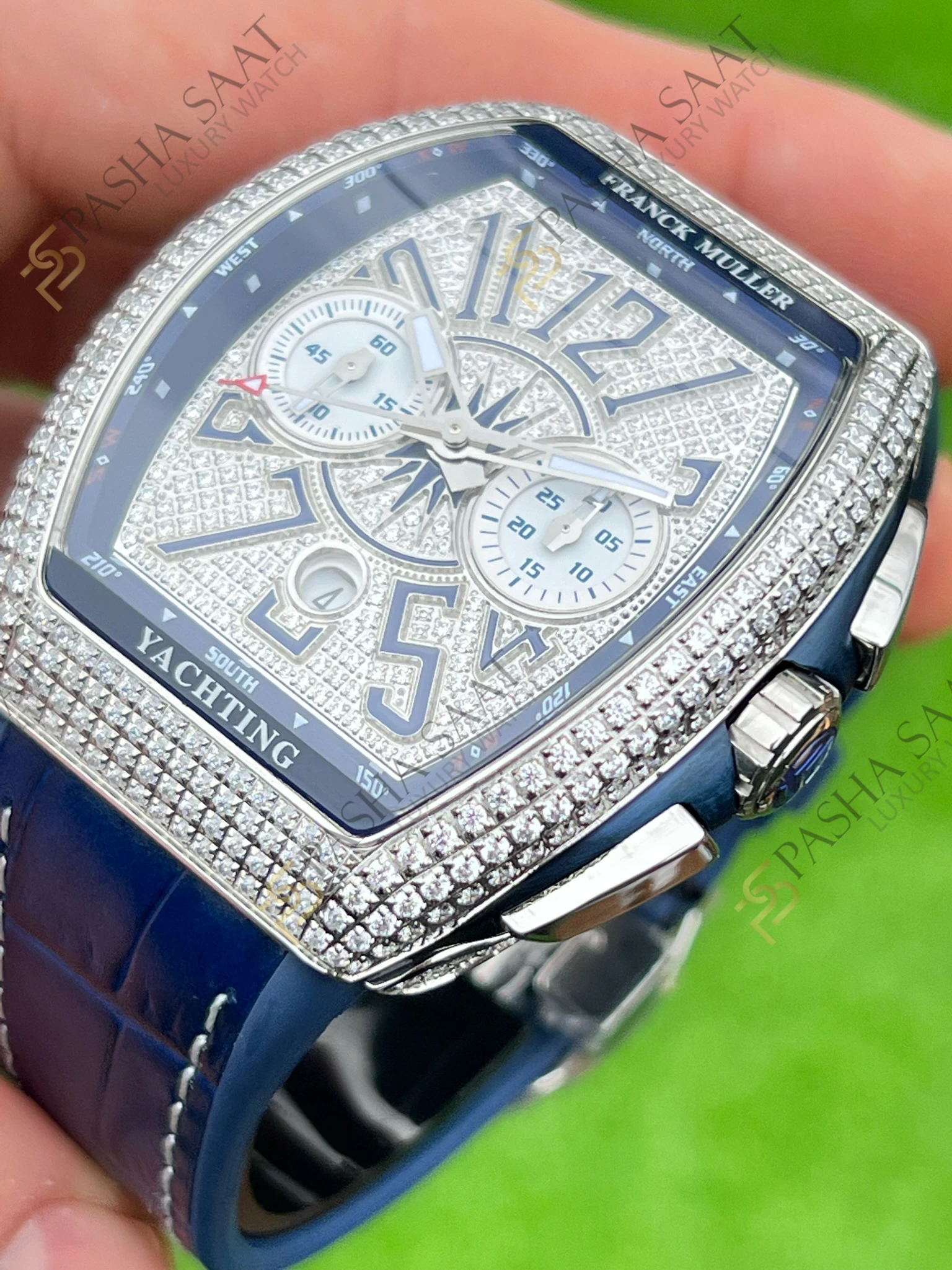 Franck Muller Yachting Chronograph Taşlı Kasa Mavi Kordon Superclone Saat - Görsel 3