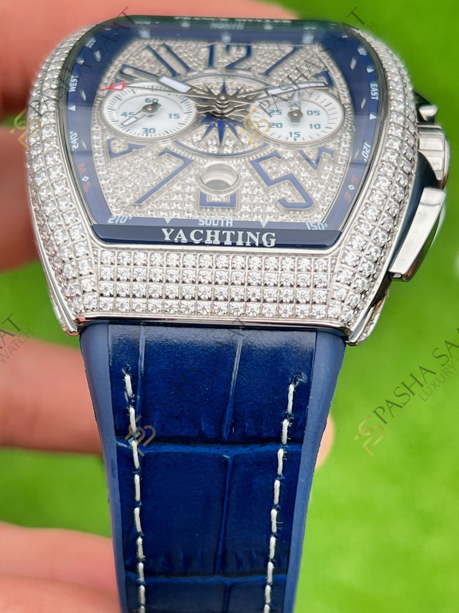 Franck Muller Yachting Chronograph Taşlı Kasa Mavi Kordon Superclone Saat - Görsel 4