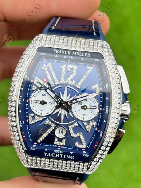 Eta Saat - Pasha Saat Franck Muller Yachting Chronograph Taşlı Mavi Kordon Superclone Saat