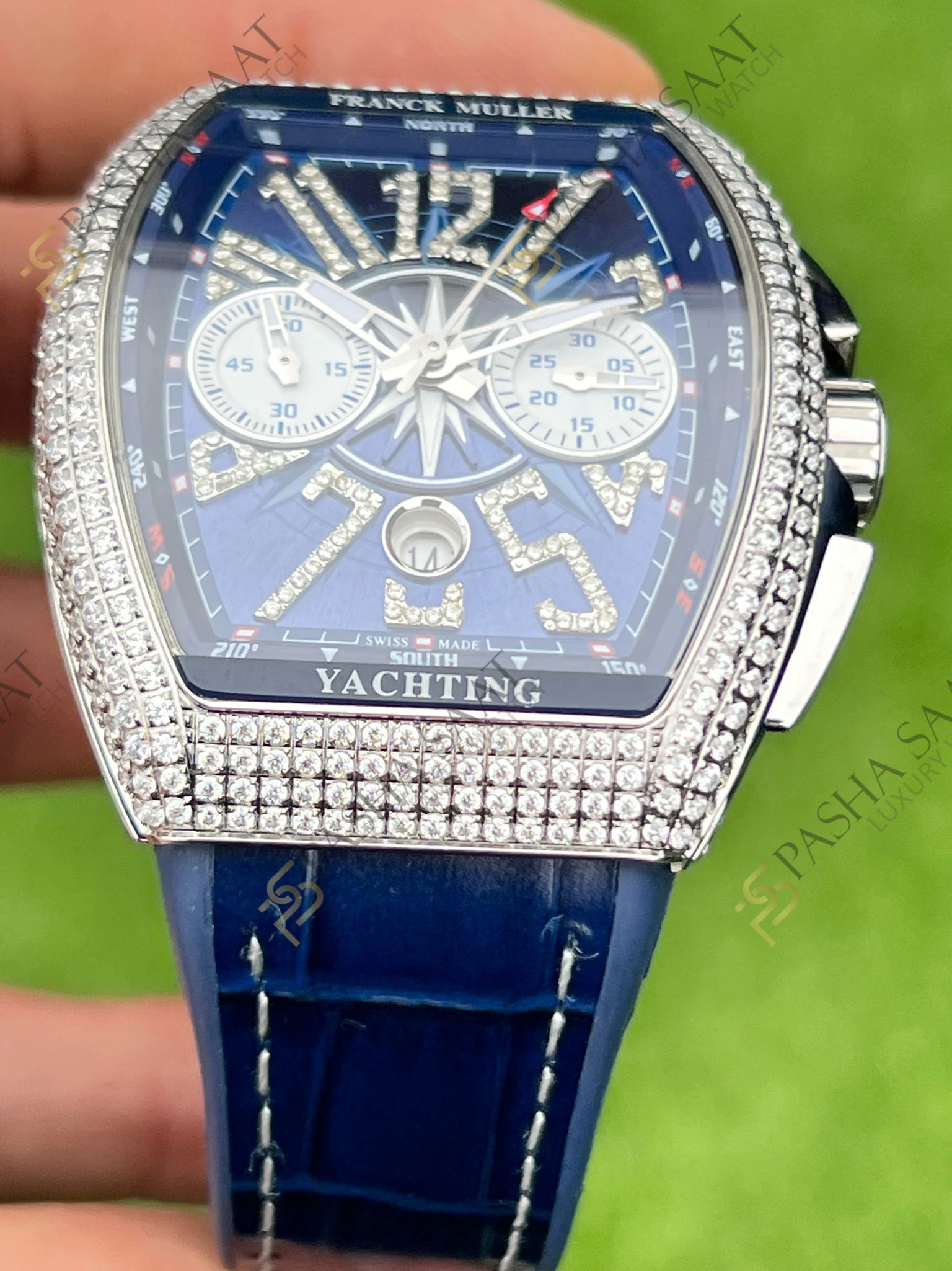 Franck Muller Yachting Chronograph Taşlı Mavi Kordon Superclone Saat - Görsel 3