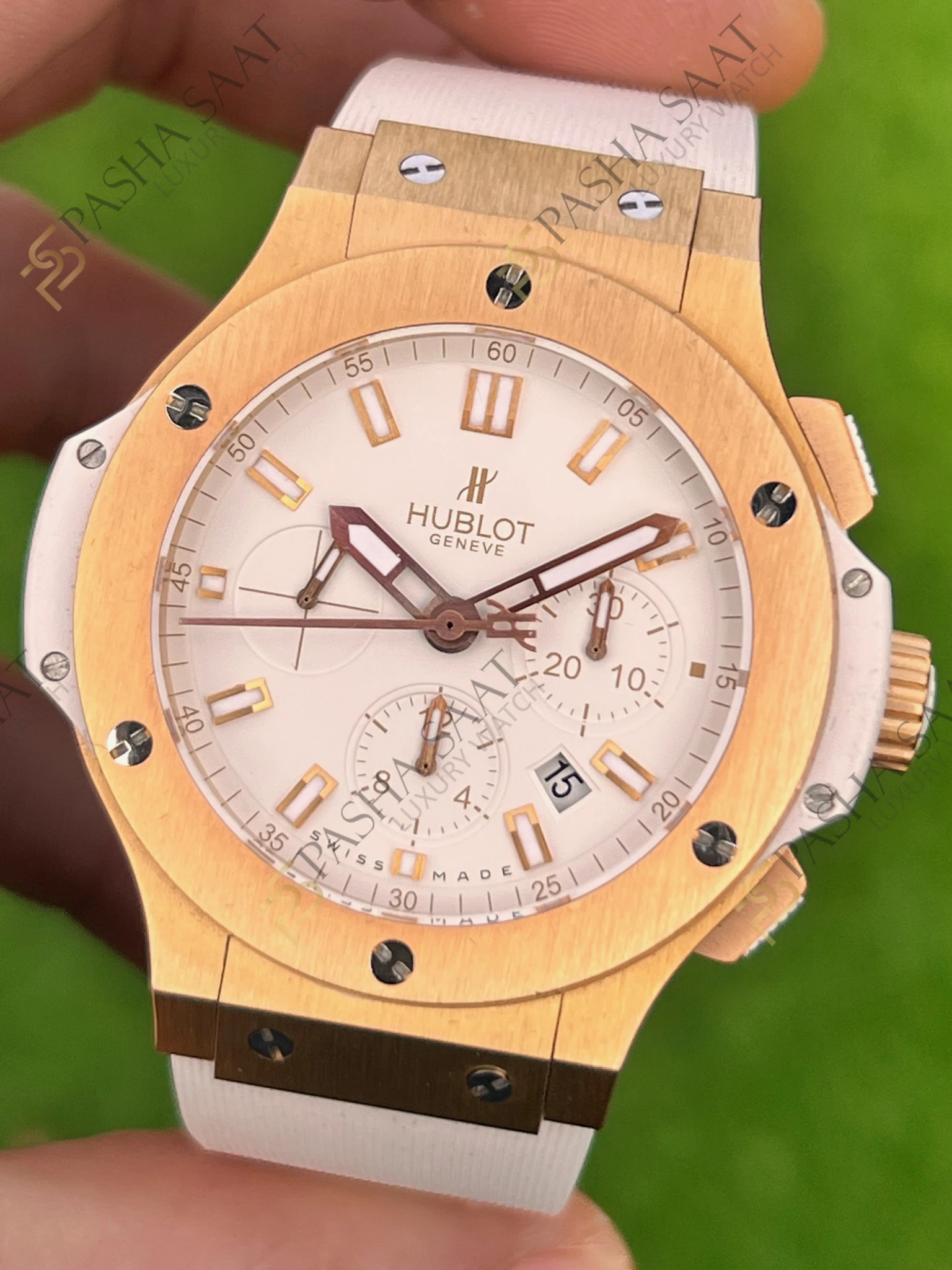 Hublot Big Bang Cronograph Rose Gold Beyaz Kadran Beyaz Kordon Superclone Hublot Big Bang Cronograph Rose Gold Beyaz Kadran Beyaz Kordon Superclone