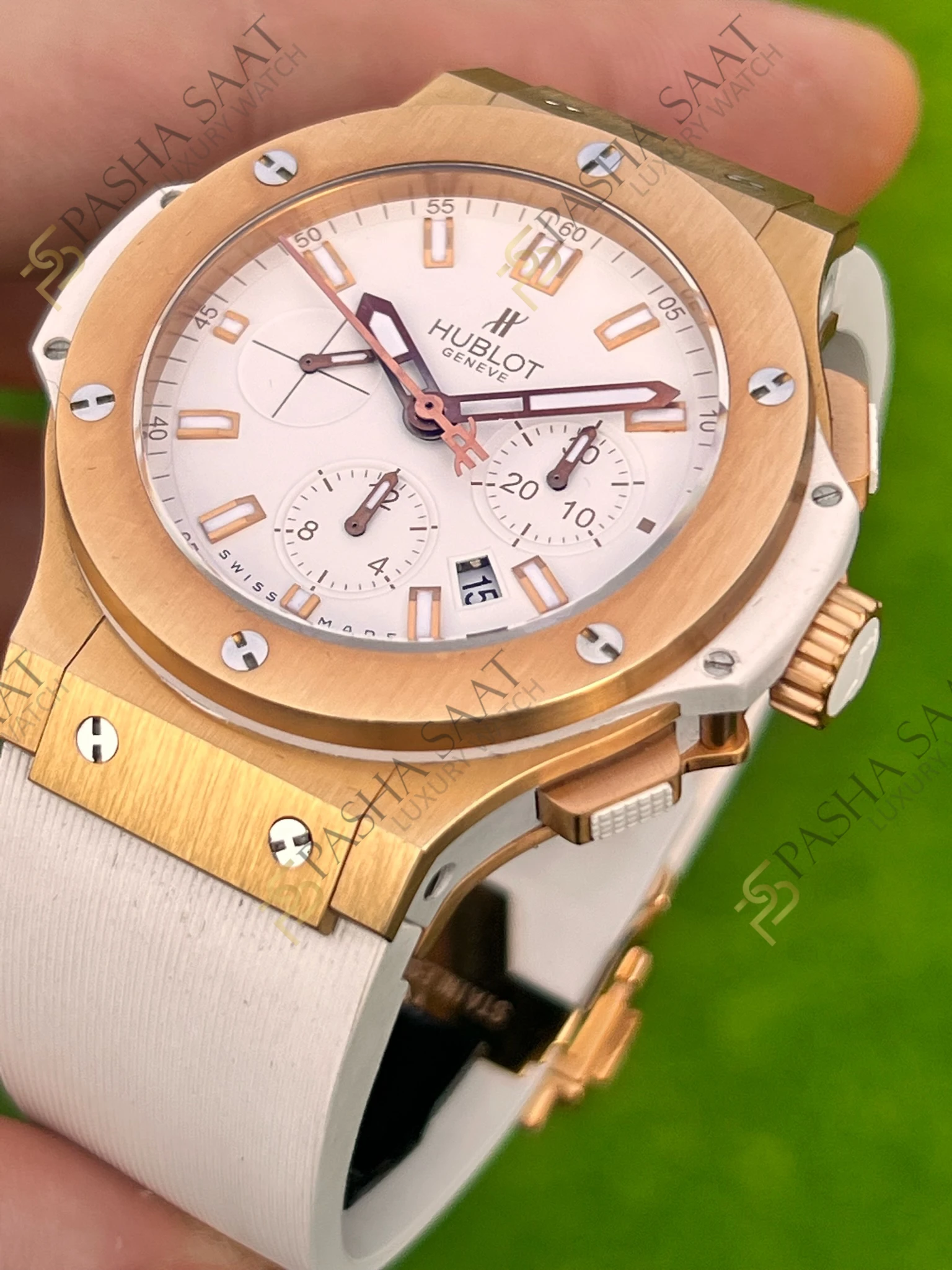 Hublot Big Bang Cronograph Rose Gold Beyaz Kadran Beyaz Kordon Superclone Hublot Big Bang Cronograph Rose Gold Beyaz Kadran Beyaz Kordon Superclone - Görsel 2