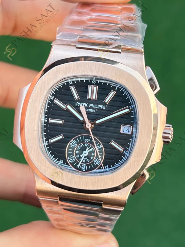 Eta Saat - Pasha Saat Patek Philippe Nautilus Chronograph Rose Kasa Siyah Kadran 5980 1R-001 Eta Saat