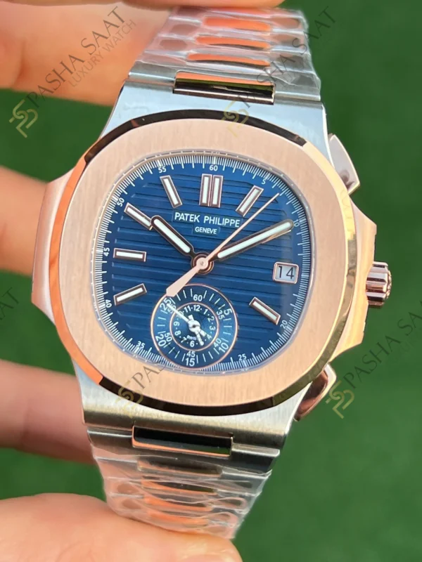 Eta Saat - Pasha Saat Patek Philippe Nautilus Chronograph Çift Renk Mavi Kadran 5980 Eta Saat